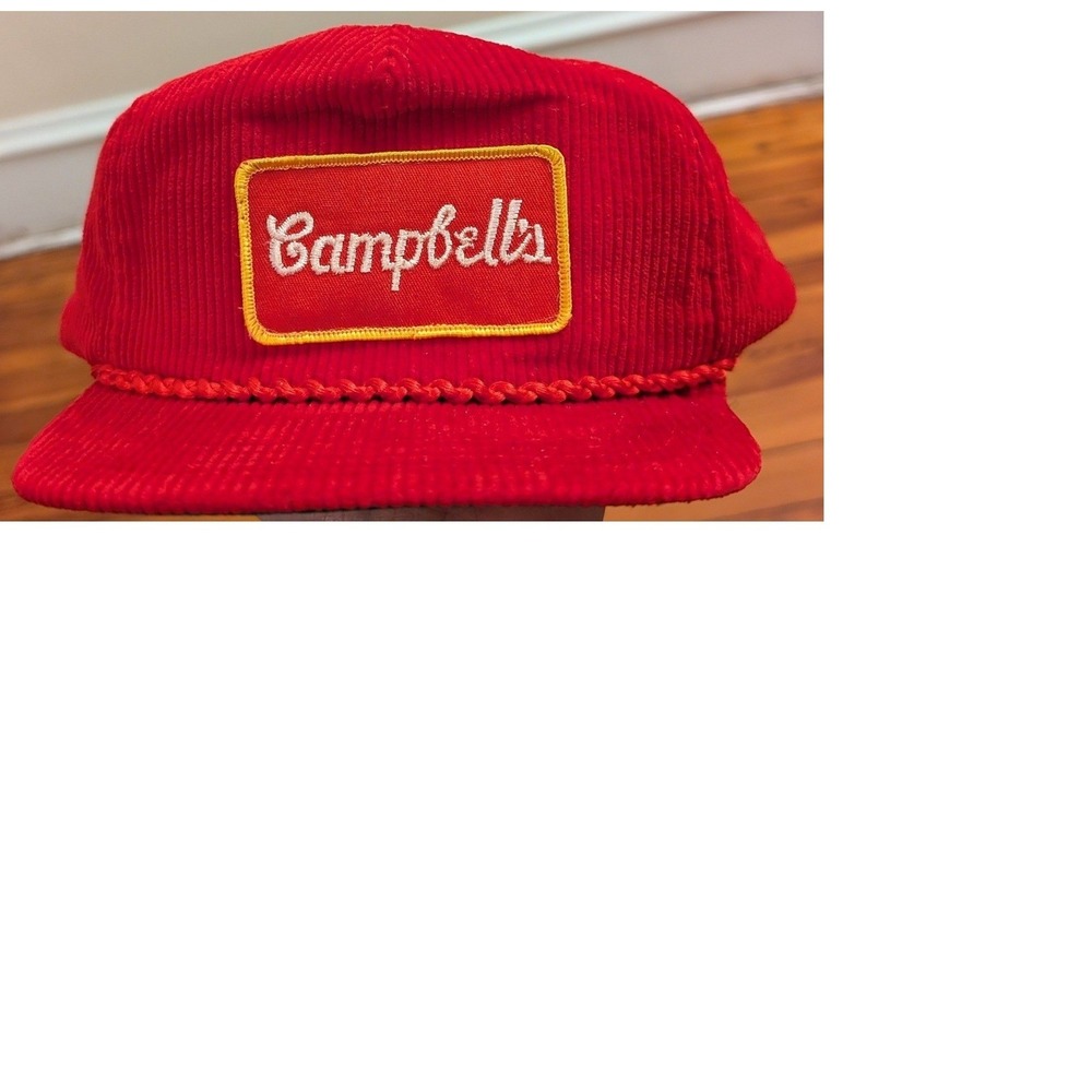 Vintage Campbells Soup Derby Cap Red Corduroy Snapback Hat Made in USA Rope Trim